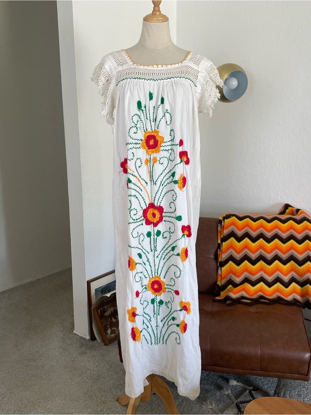 Vintage 1970s Boho Peasant Floral Embroidered Maxi Shirt Dress